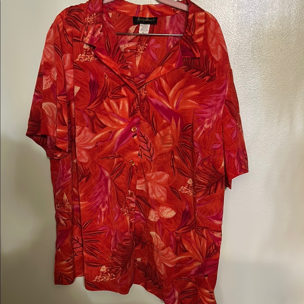 Ashley Stewart Red Tropical Print Button-Up Top